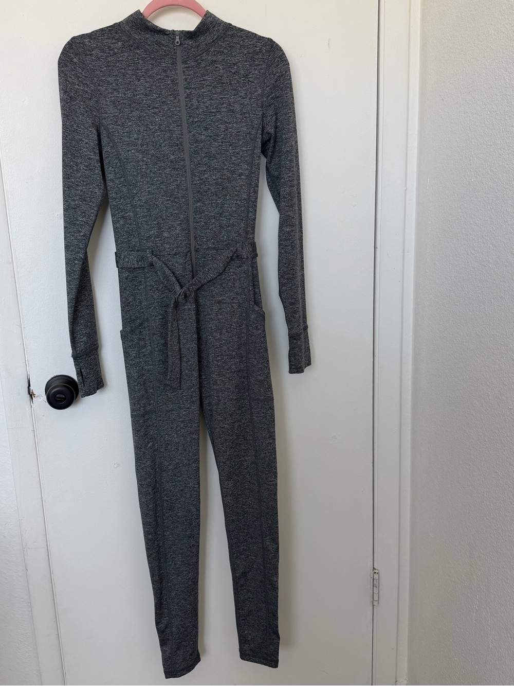 Offline by Aerie Gray Long-Sleeve Zip Front Jumpsuit with Waist Tie Size M
